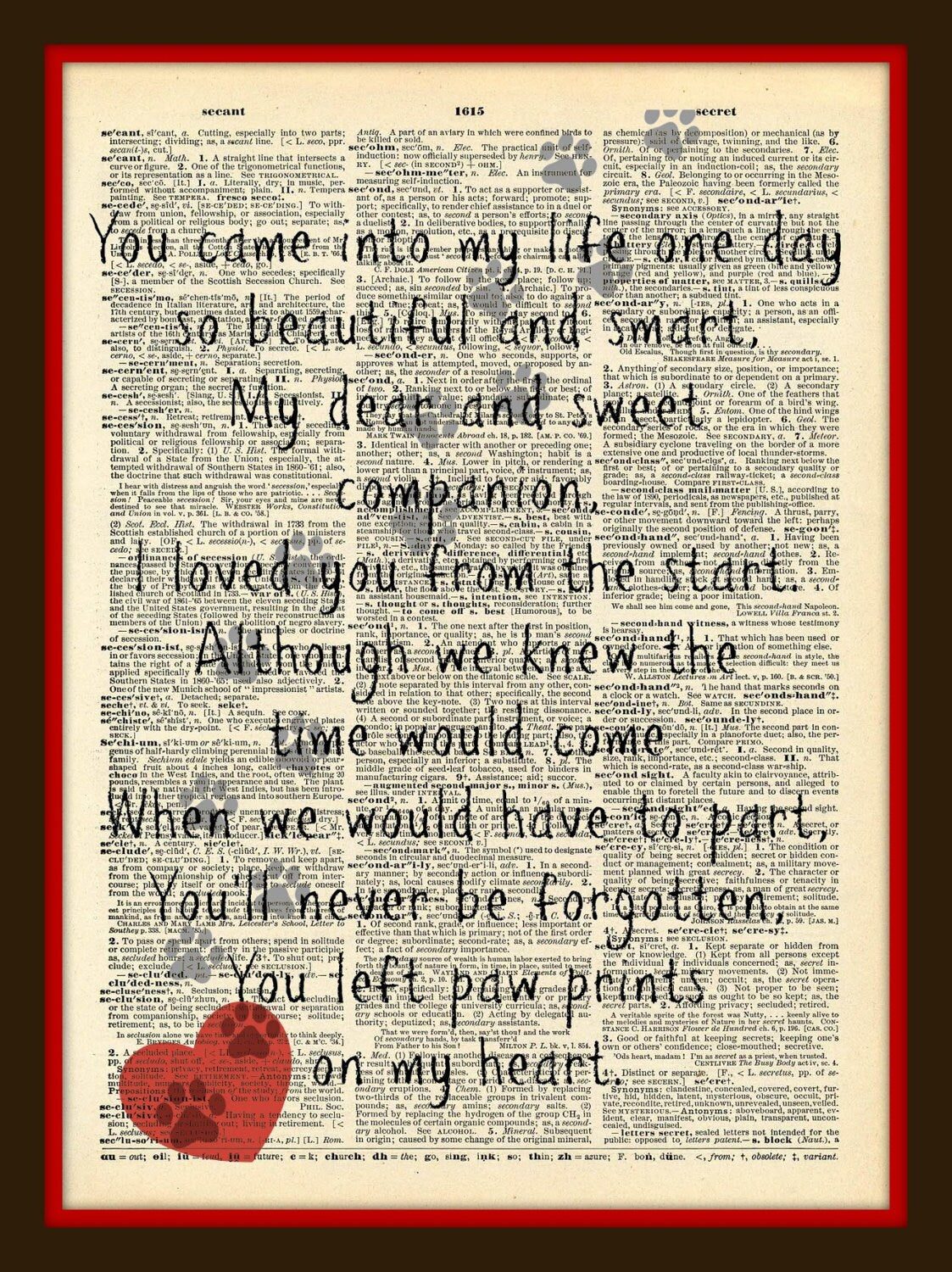 Buy 2 Get 1 Free Mix & Match Paws Across My Heart Forever Pet Dog Cat Poem Dictionary Pages
